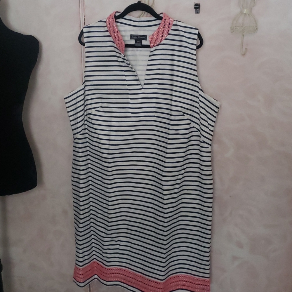 Jessica Howard Black and White Striped Dress with Pink Accents